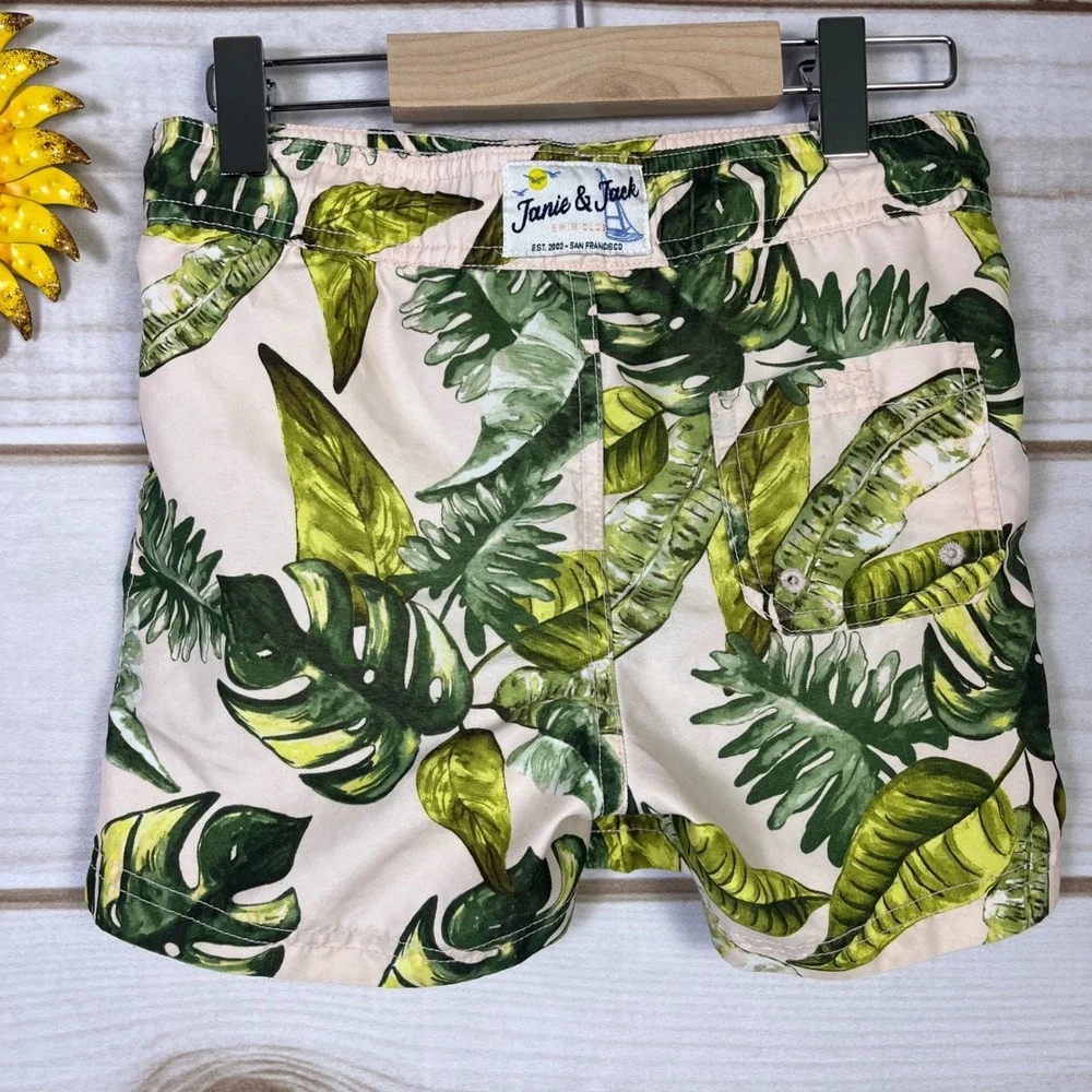 Janie and Jack Boy's Tropical Palm Leaf Swim Trunks 5 Green Bathing suit